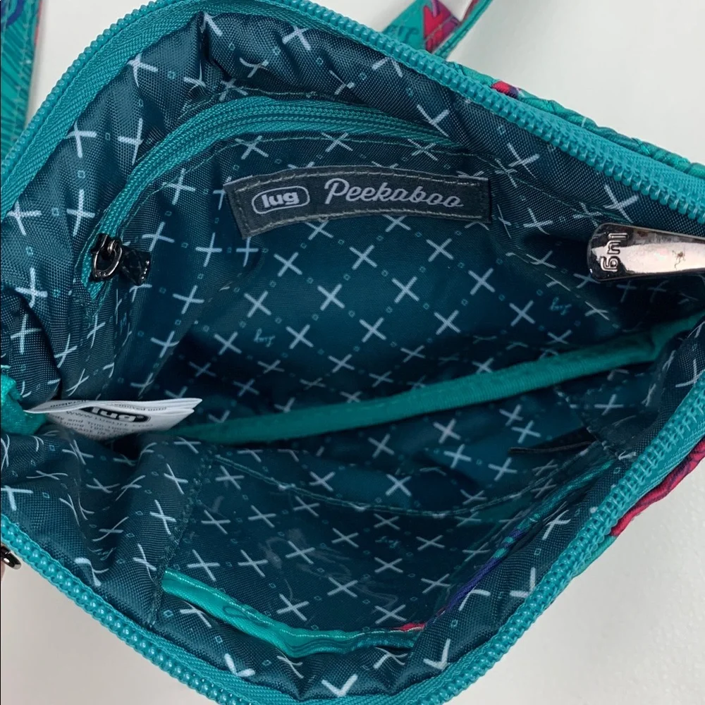 LUG Peekaboo Turquoise Teal Fuschia Purple Crossbody Bag Bells ornament Wristlet